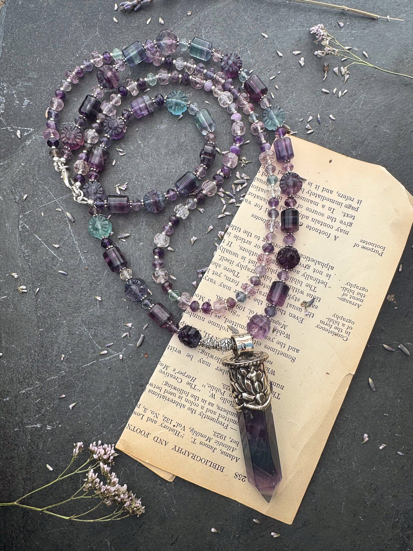 Fluorite stone, two layer, Tibetan silver crystal point pendant, necklace.