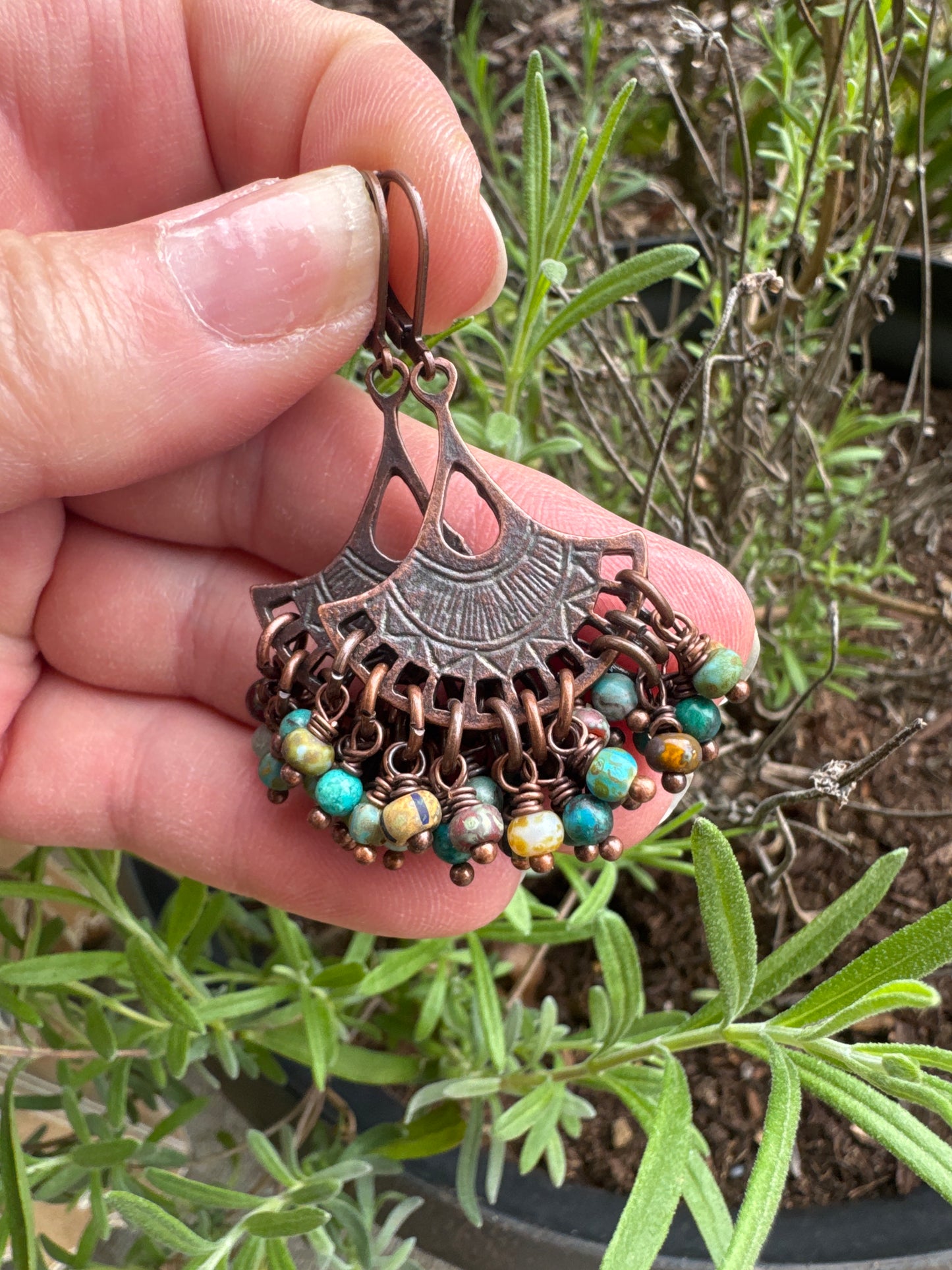 Czech glass,turquoise stone, copper charm, earrings
