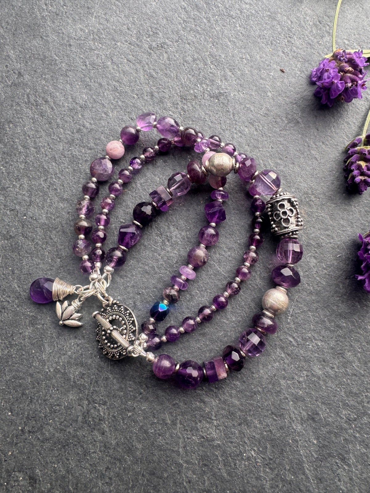 amethyst stone, silver metal, multi strand, bracelet
