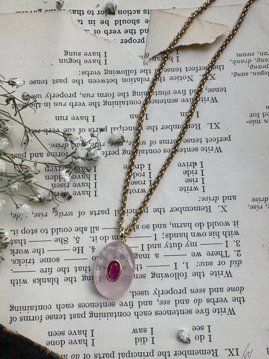 rose quartz, ruby crystal, gold metal, drop necklace