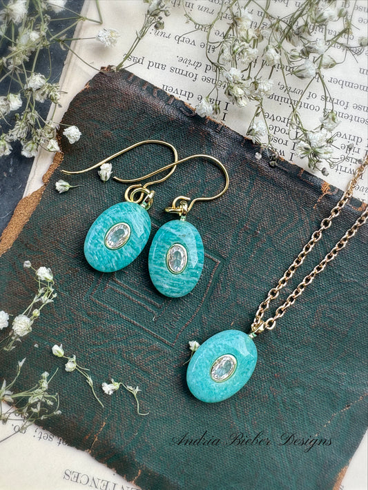 Amazonite, crystal, gold metal, drop necklace and earrings set