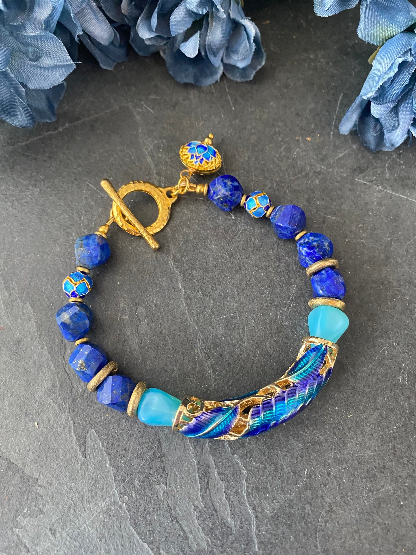 Peacock bracelet. Lapis lazuli stone, cloisonné cuff, czech glass, bracelet, KIT