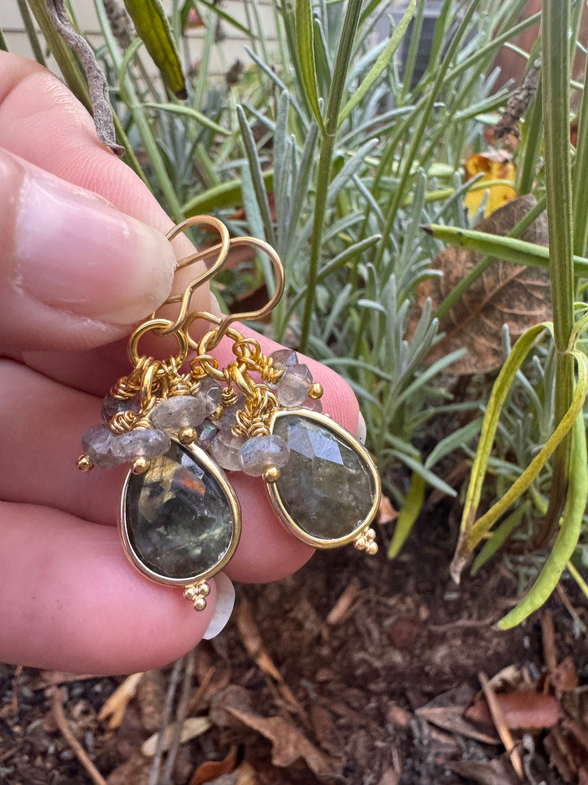 Labradorite stone, gold metal, drop, earrings