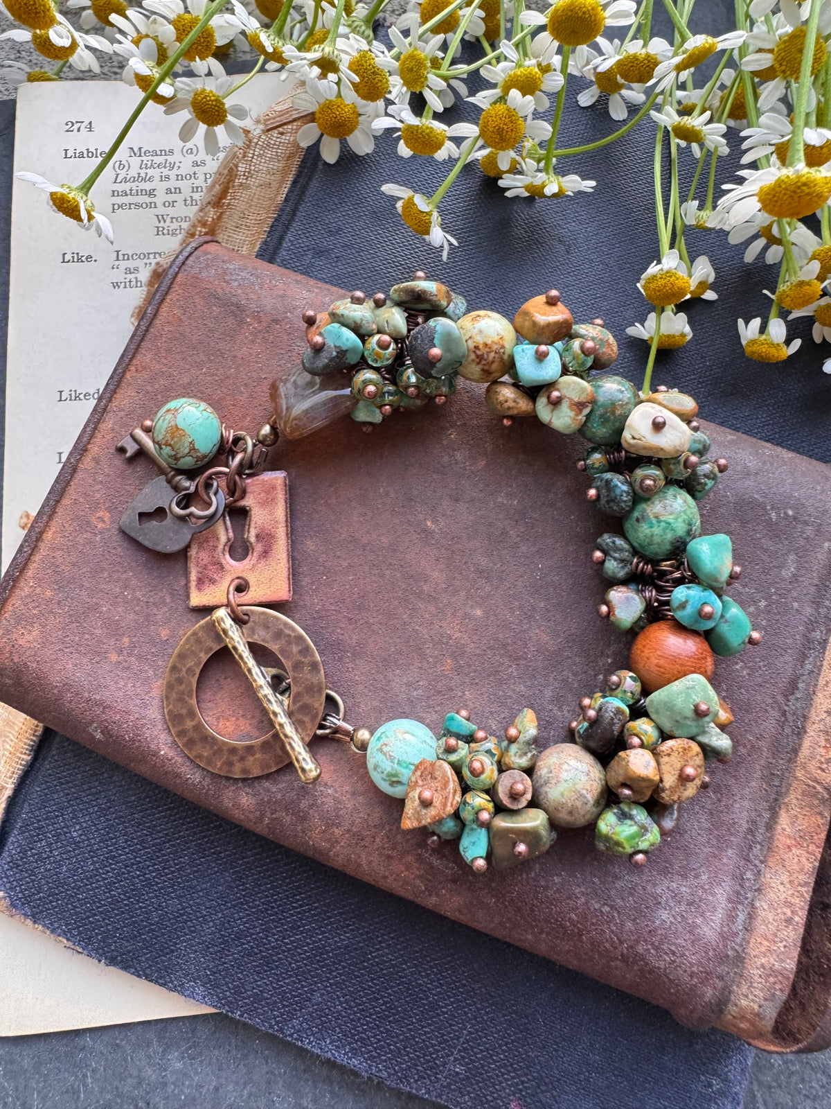 Turquoise, sandalwood, Czech glass, enamel, bracelet
