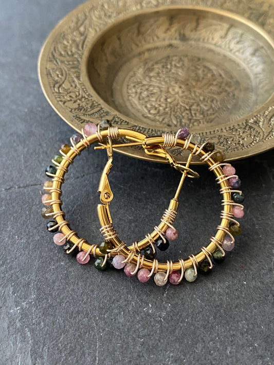Tourmaline stone, gold metal wire wrapped hoops, gold earrings