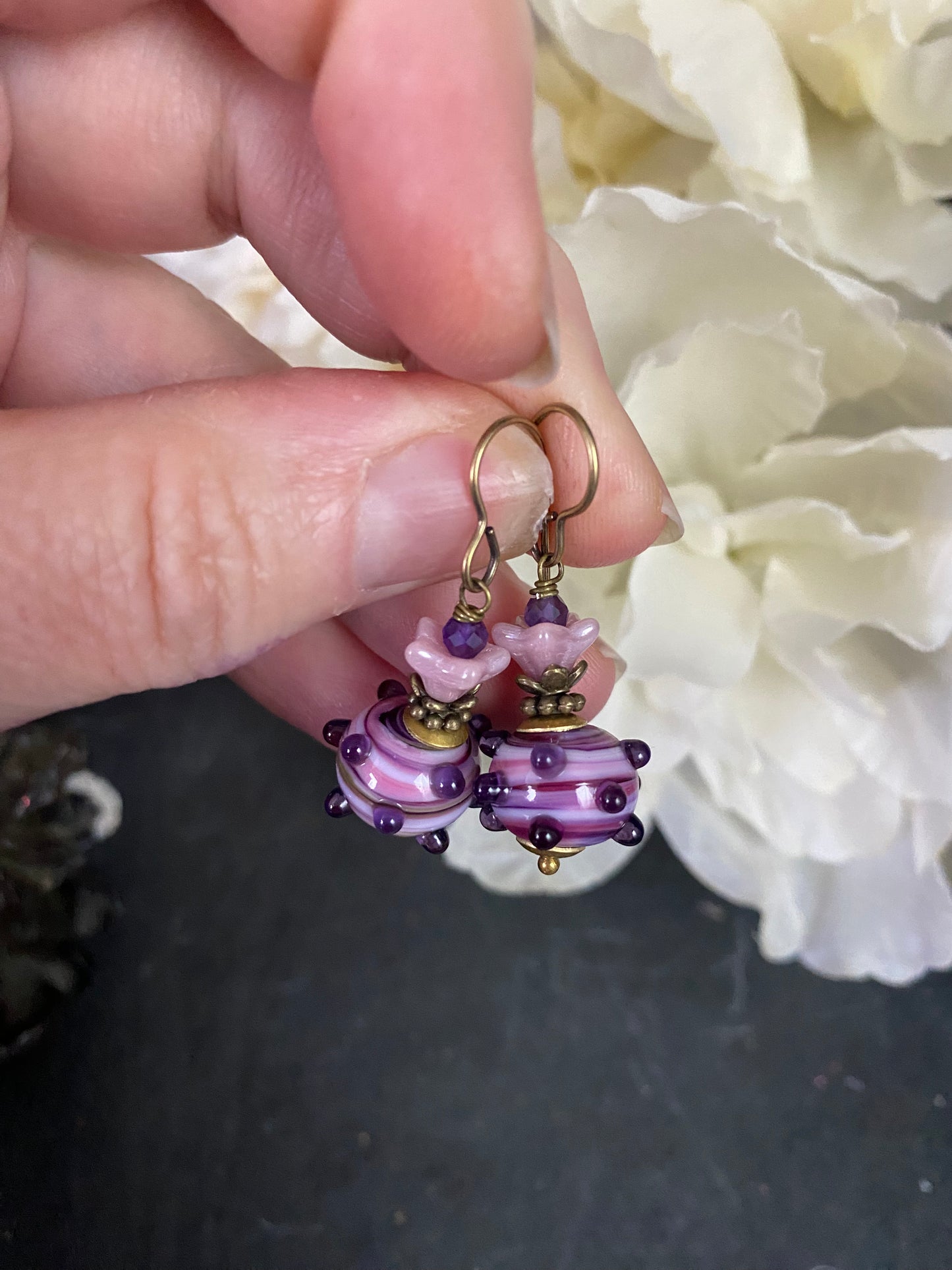Purple, handmade lamp work glass, bronze metal earrings Purple, handmade lamp work glass, pink czech glass flowers, bronze metal