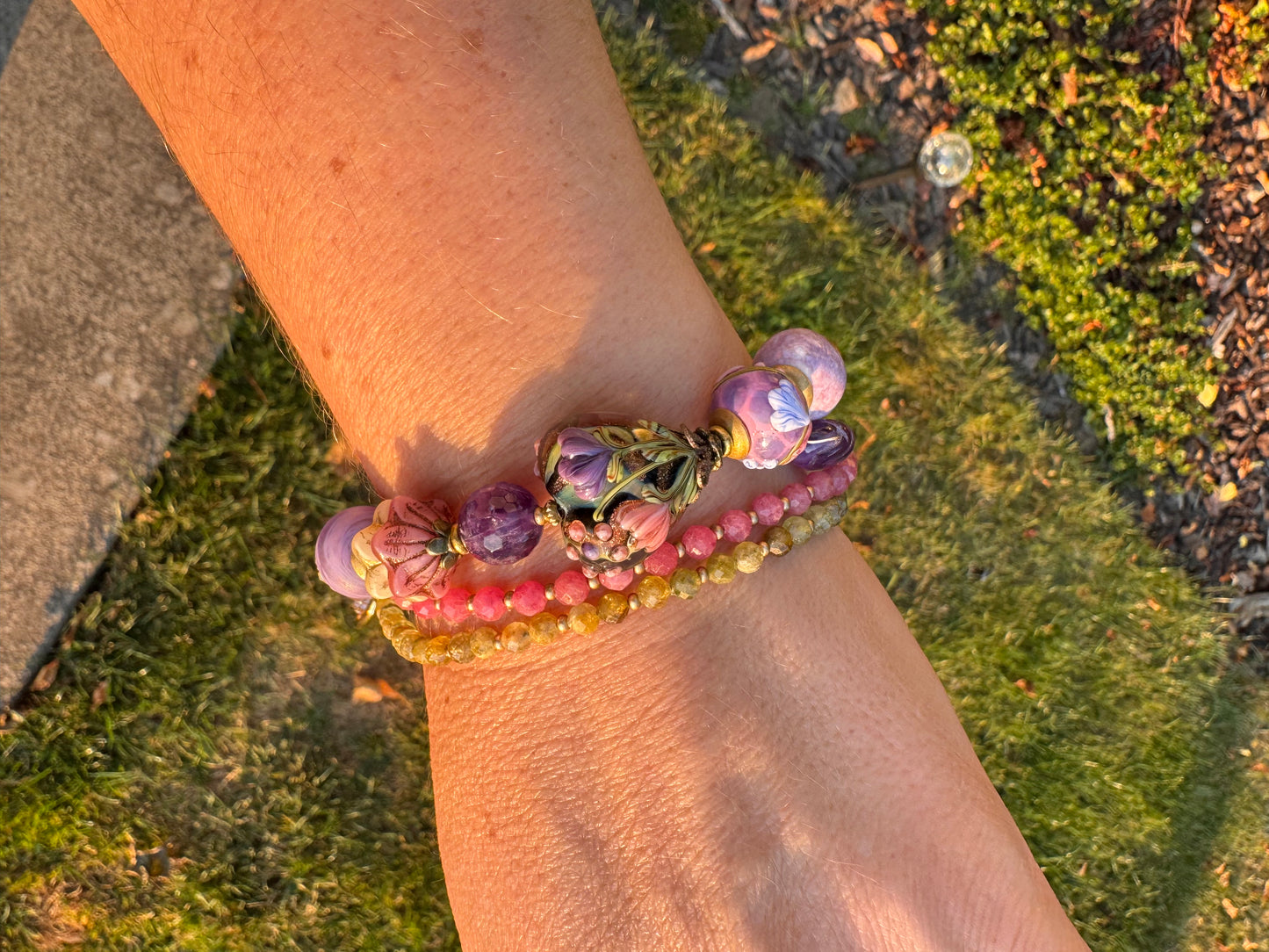 Heart lampwork glass, peridot, rhodochrosite, amethyst, jade, african opal, Czech glass, ceramic bead, rhinestone heart clasp.