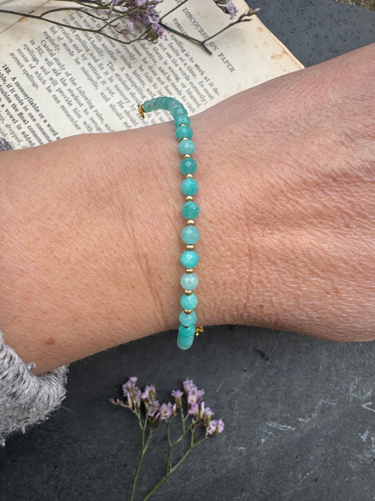 Amazonite Russian faceted round stone, gold metal, bracelet