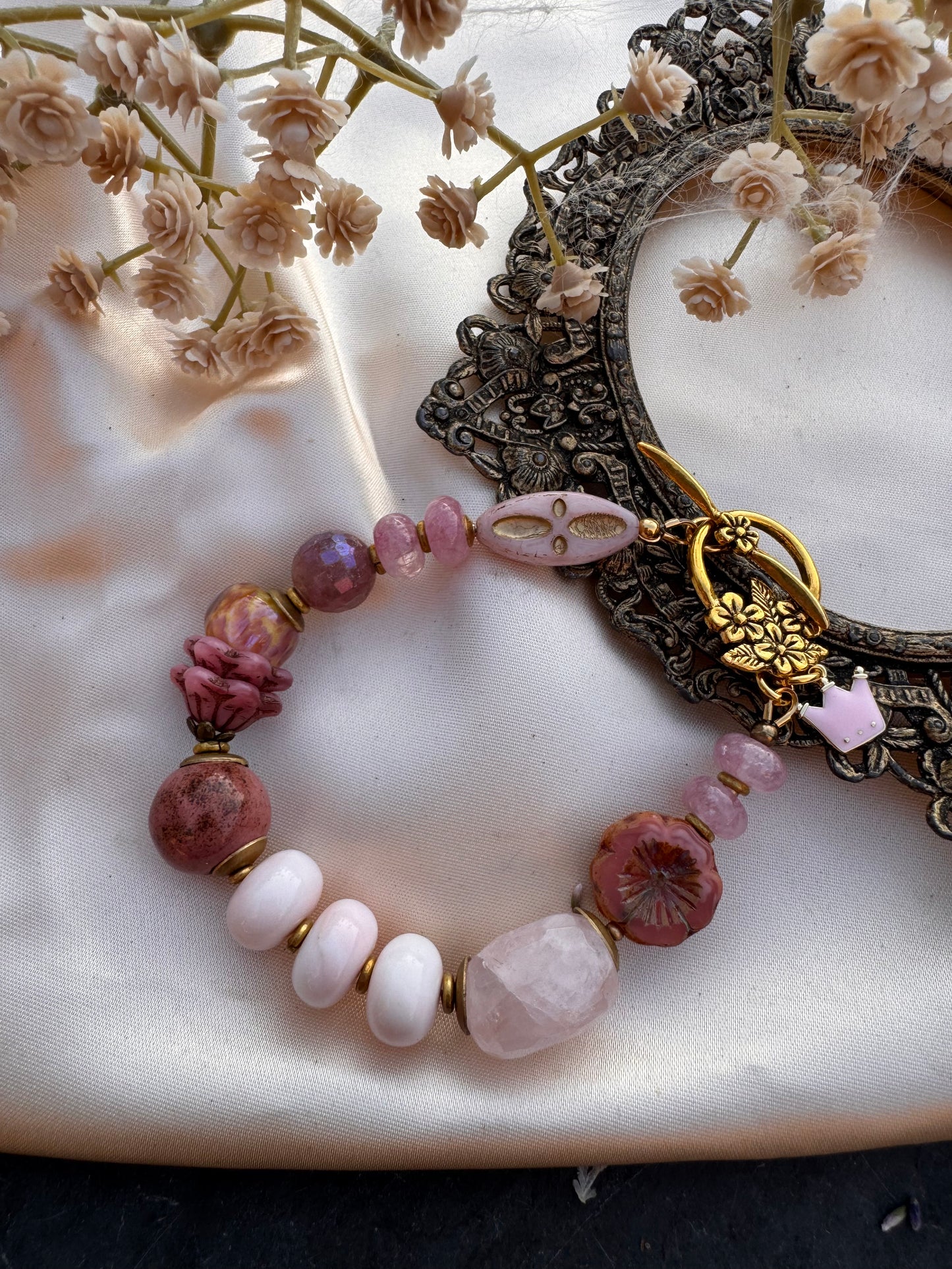 Rose quartz, pink opal, Czech glass, lampwork glass, strawberry quartz, ceramic bead, gold metal, bracelet