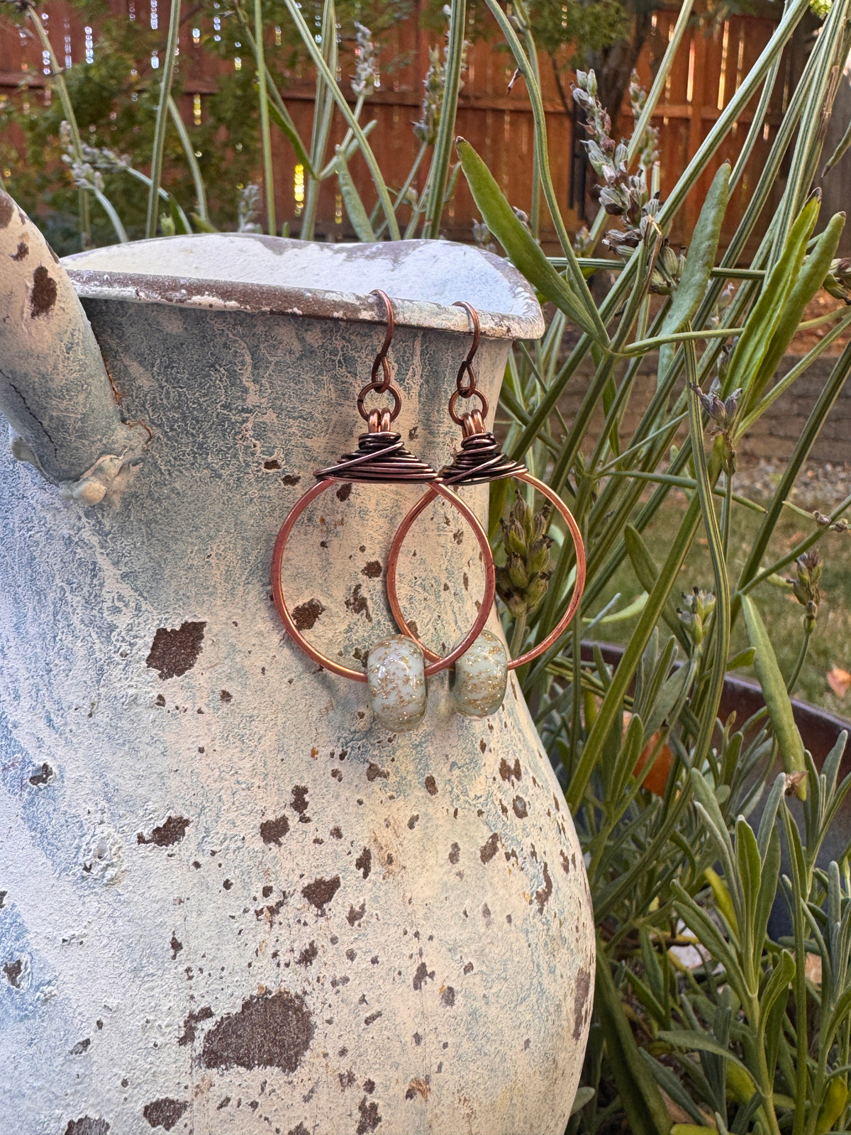 Green and copper sparkle, Handmade lamp work Glass, copper metal hoop earrings.