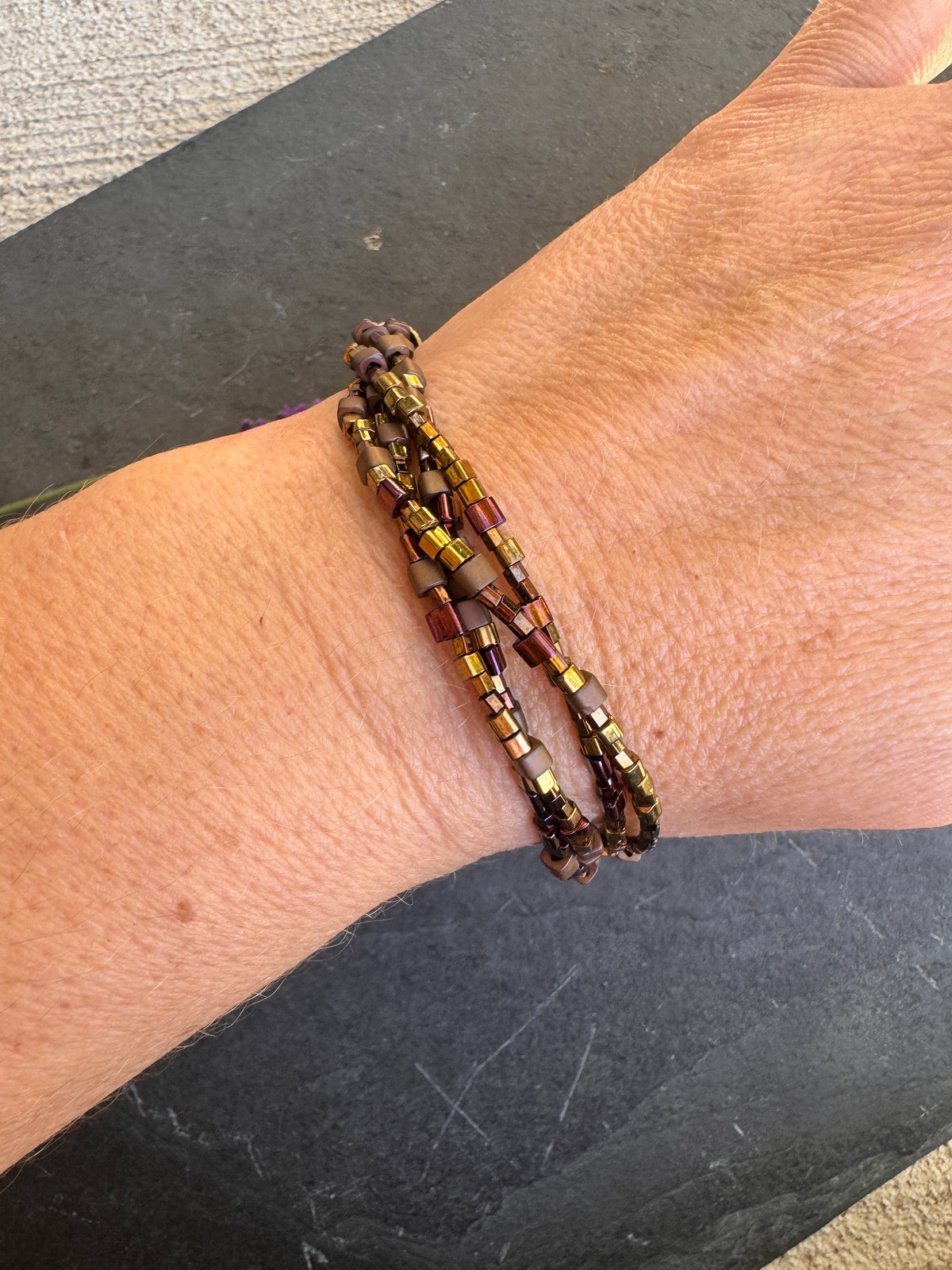 Brown Czech glass seed bead and bronze metal, bracelet.