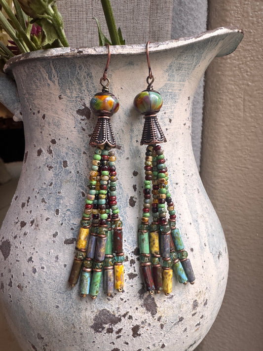 Lampwork glass, Czech glass, copper metal, earrings