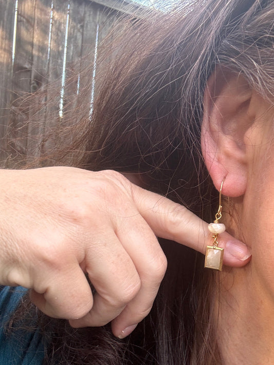 Rainbow moonstone, gold metal, drop, earrings