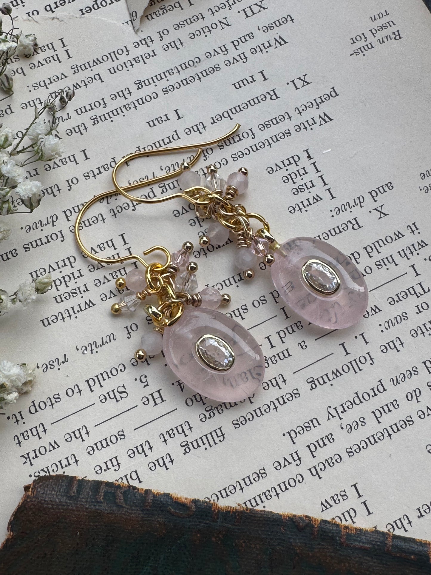 rose quartz, clear crystal, gold metal, drop earrings