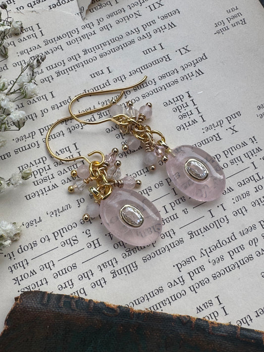 rose quartz, clear crystal, gold metal, drop earrings
