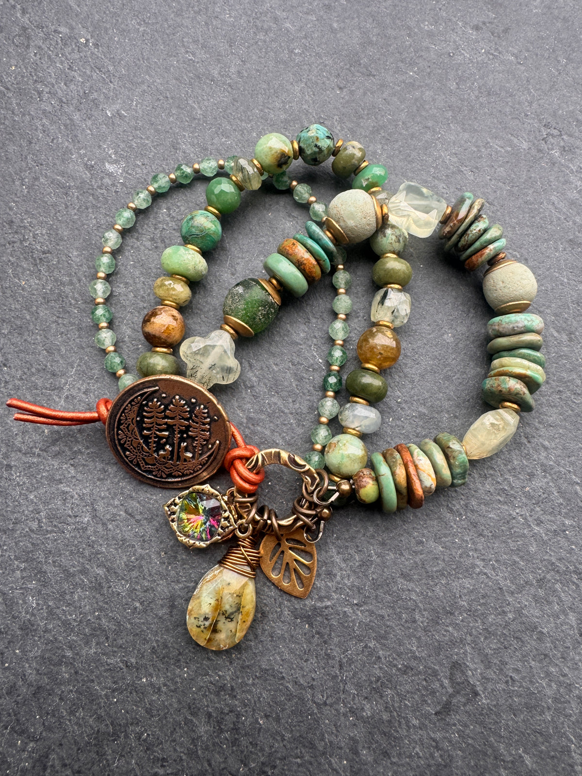 Trees. Prehnite, hubei turquoise, green garnet, green kyanite, handmade tree bronze metal button, bracelet.