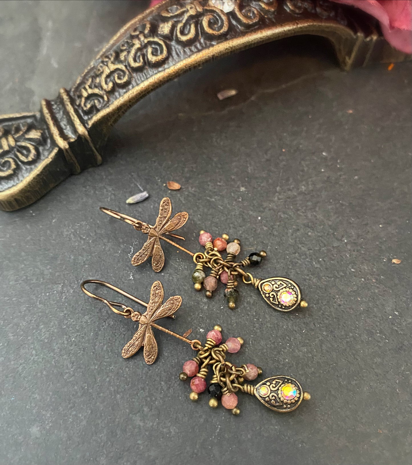 Watermelon tourmaline stone, dragonfly chocolate bronze metal, rhinestone, earrings.