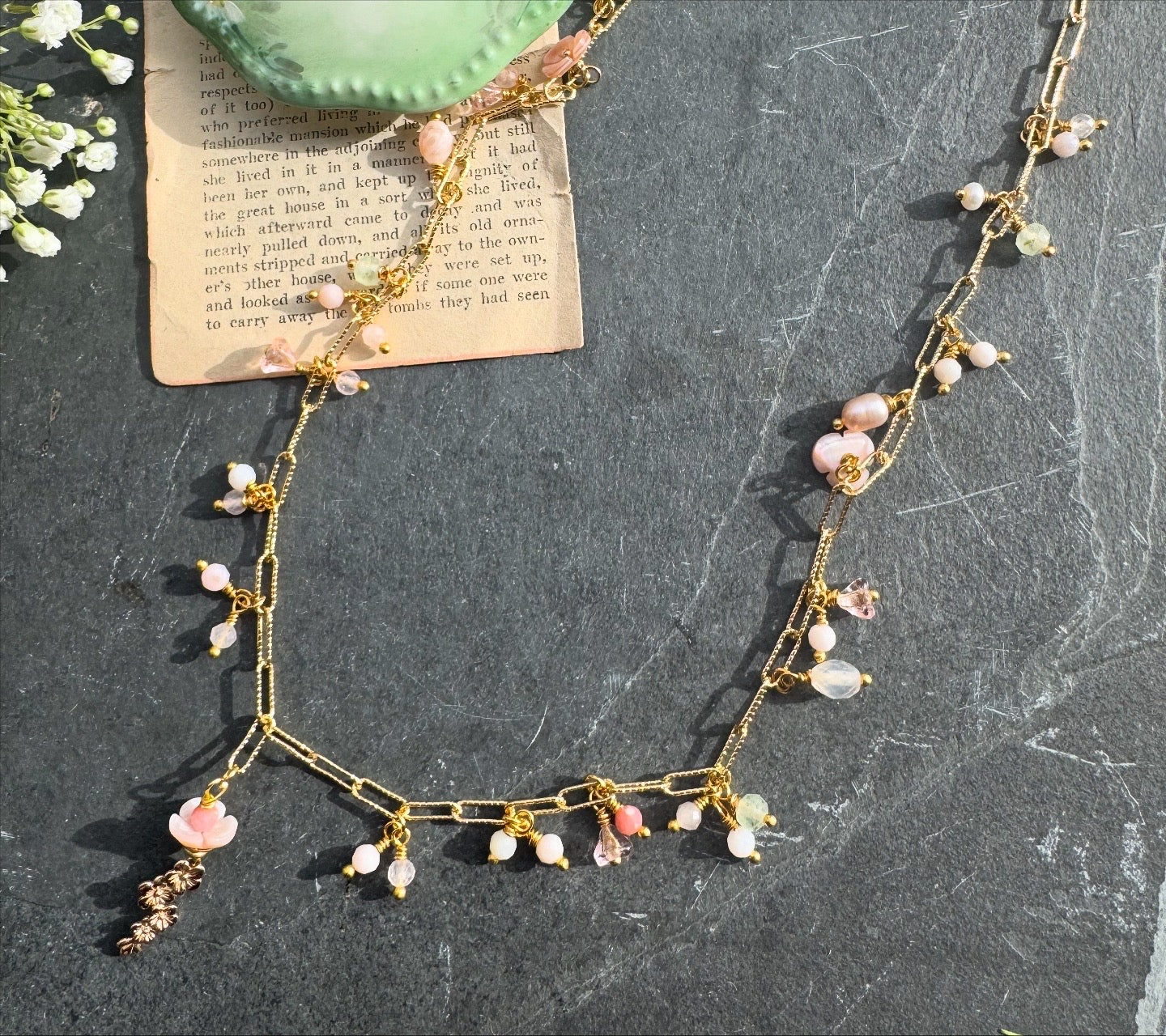Pink opal, pearls, rose quartz, Paperclip 14K Heavy Gold Plated Chain, gold metal cherry blossom pendant, pink shell blossoms, necklace, jewelry.