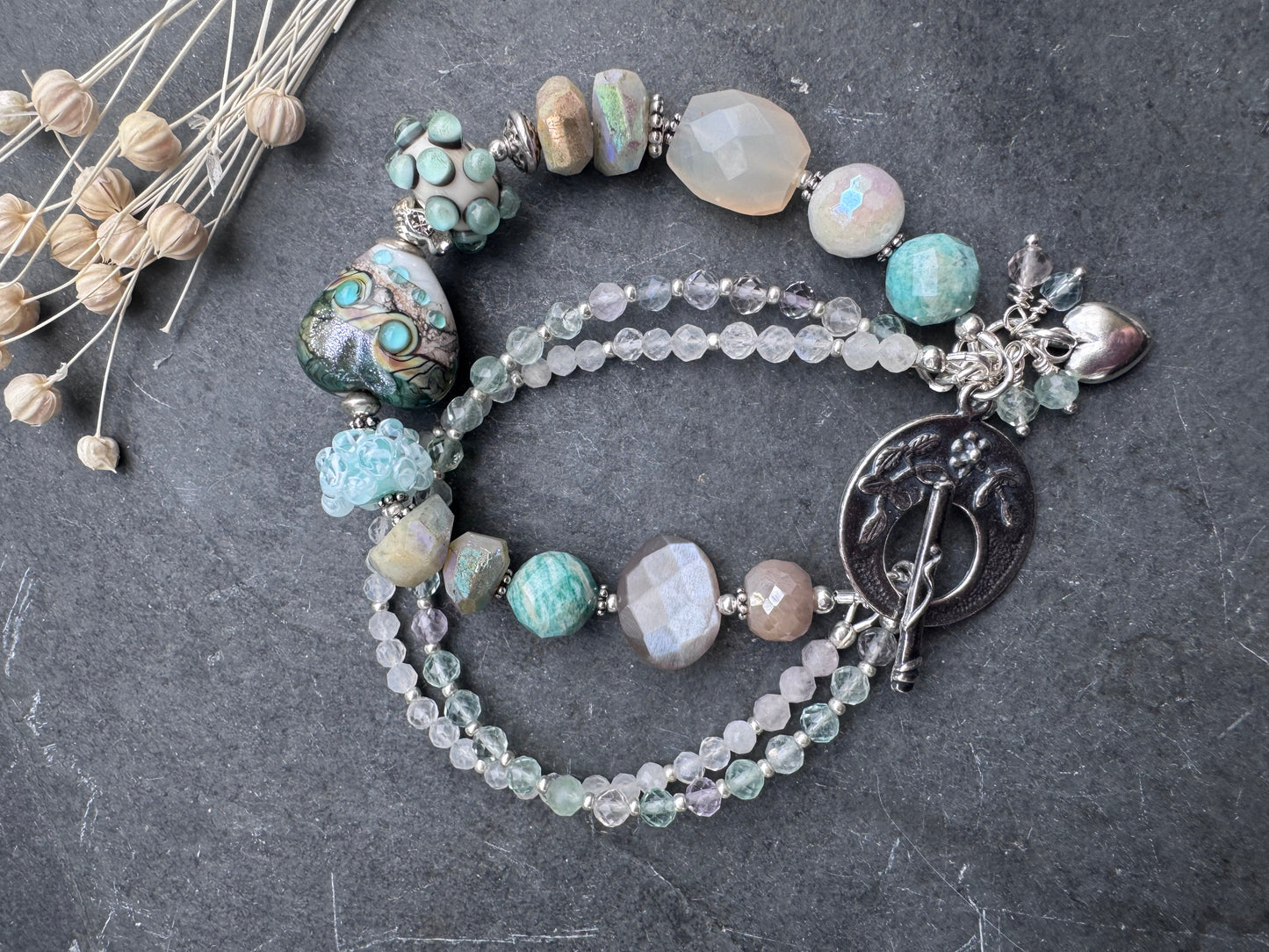 lampwork glass, amazonite , moonstone, fluorite, chalcedony, silver metal, bracelet