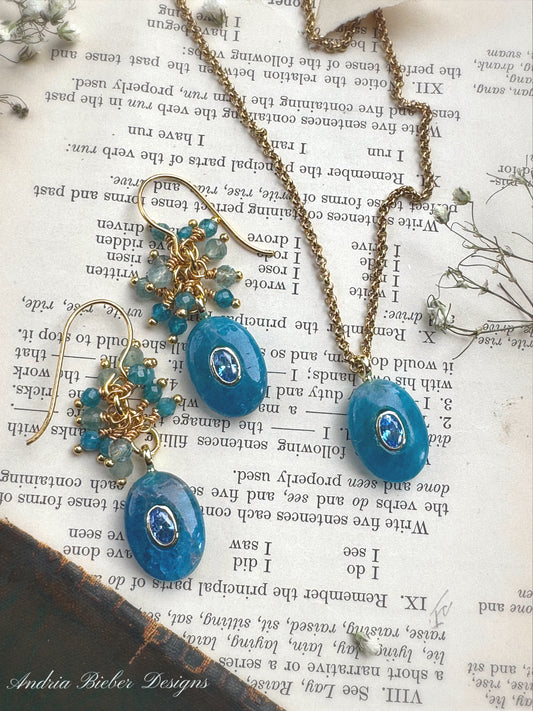 Apatite, blue crystal, gold metal, drop earrings