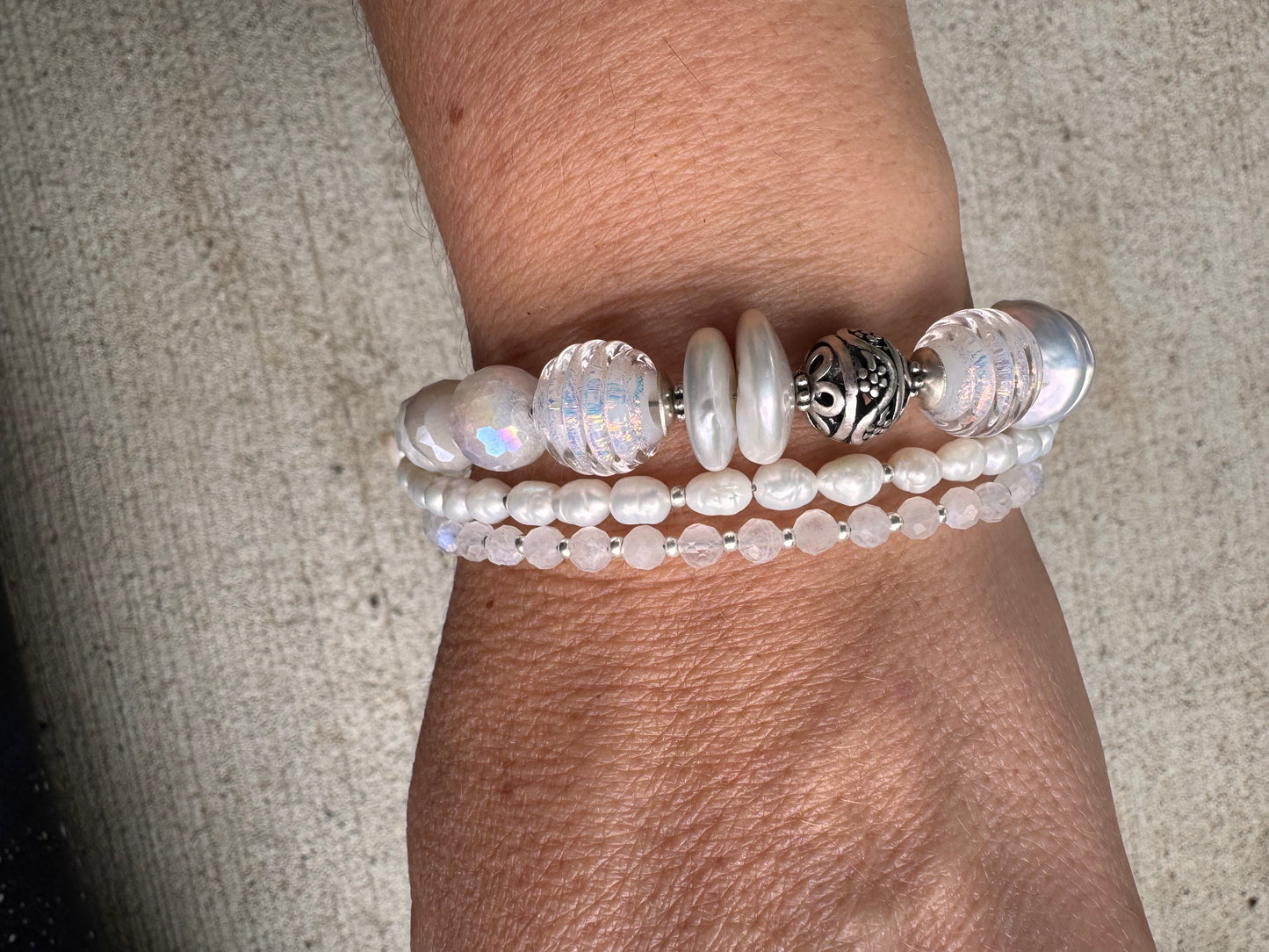 Pearls, moonstone gemstone,handmade lampwork glass, silver metal, bracelet, jewelry.