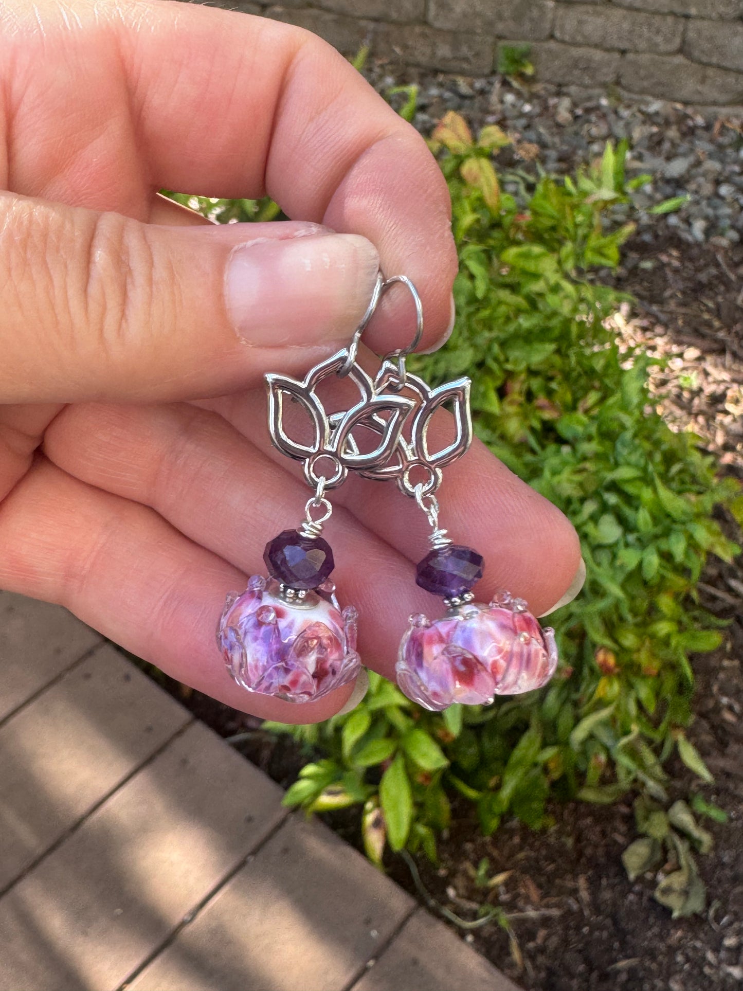 Handmade lampwork glass in pink and purples, lotus flower charm, amethyst stone, earrings
