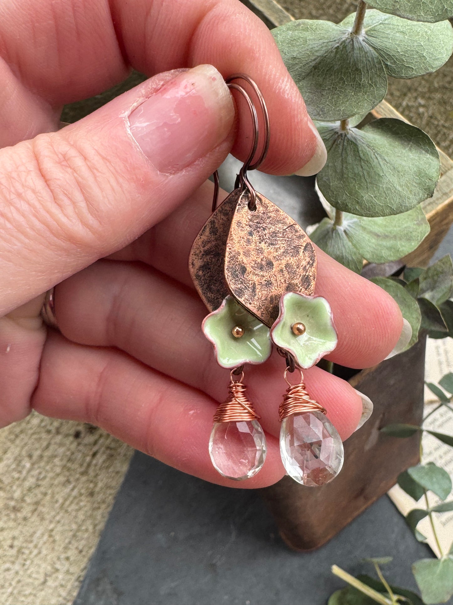 Enamel bead caps, copper metal, green amethyst, earrings