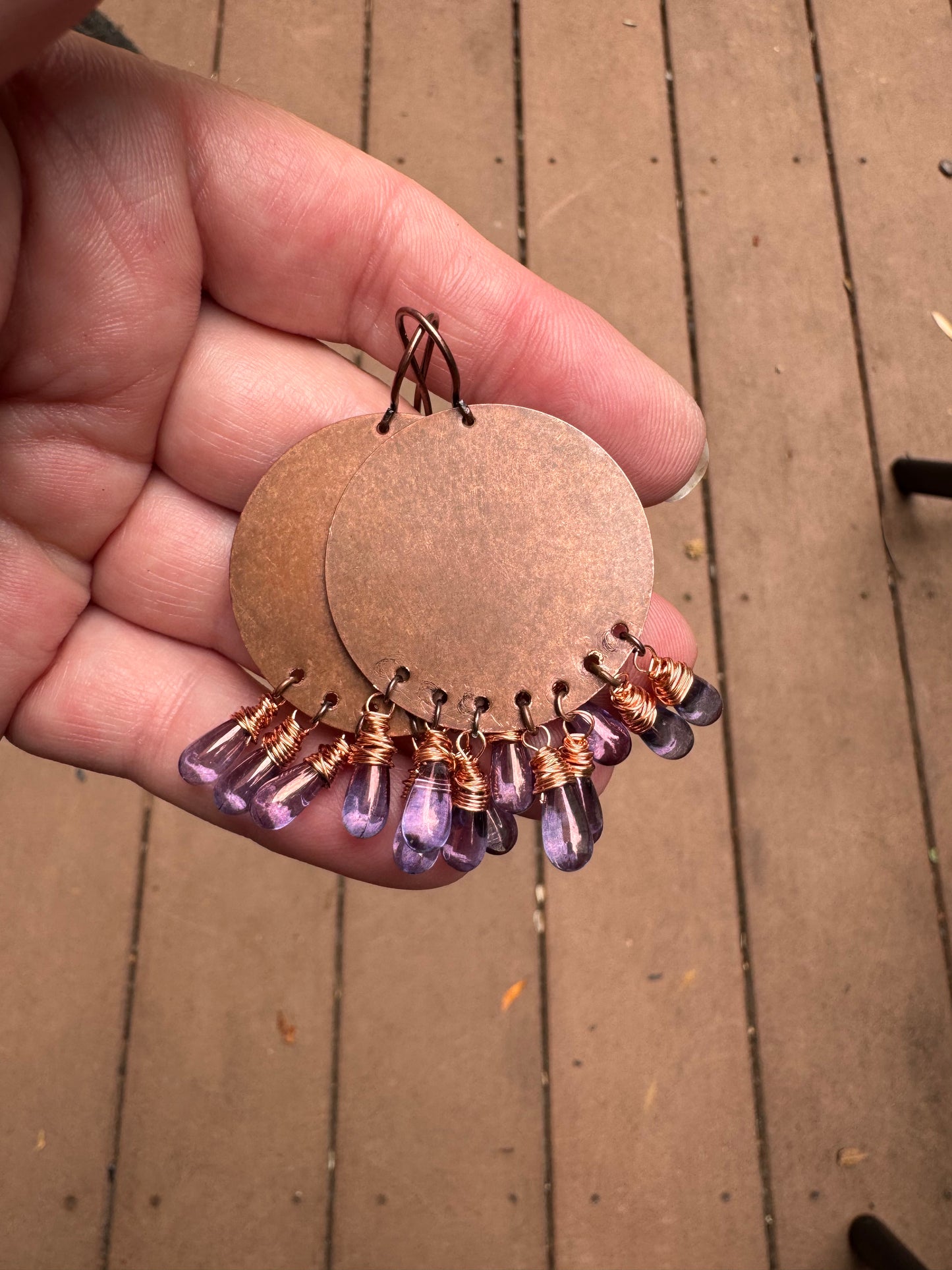 Purple czech glass drops, copper metal, earrings