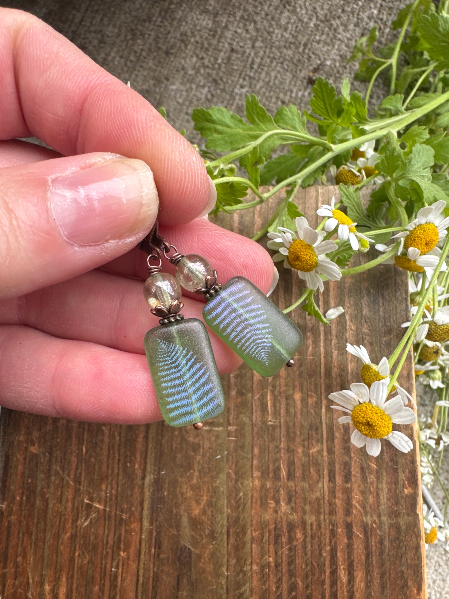 Fern Czech glass, copper metal, earrings