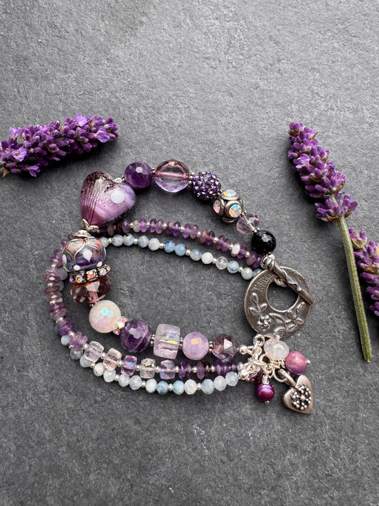 Cosmic layers. Aquamarine, Handmade lampwork glass, rhinestones, moonstone, amethyst, silver metal, flower clasp, bracelet