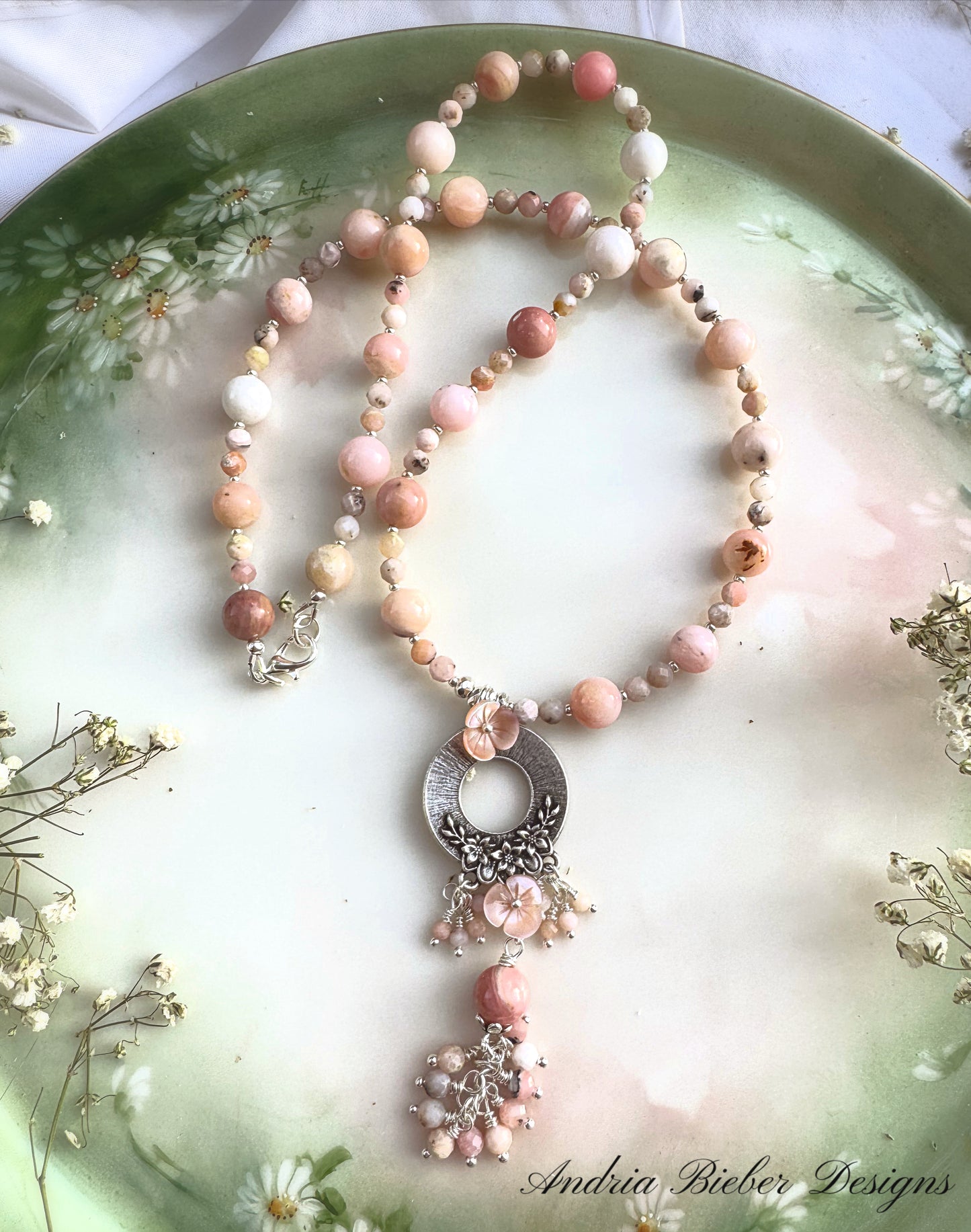 Pink opal, pink shell blossoms, silver metal blossom pendant, necklace.