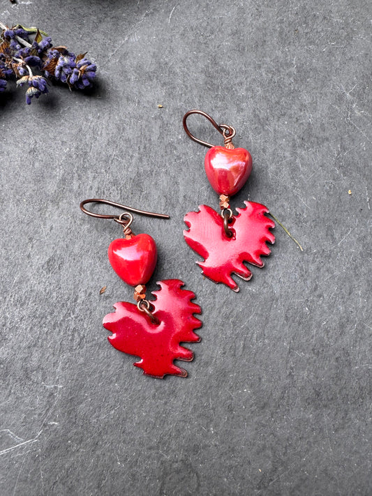 Heart enamels metal charms, glass beads and copper metal, earrings