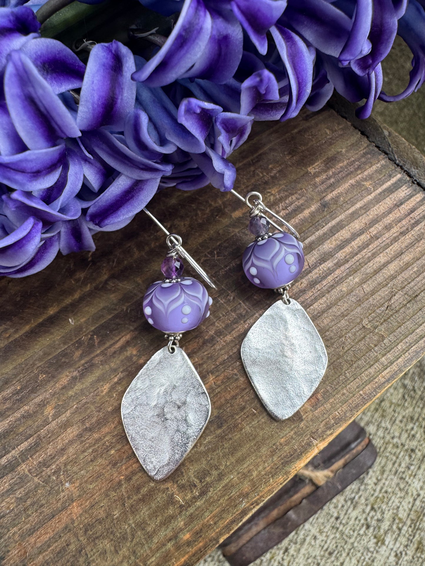 Handmade lampwork glass, silver charm, earrings