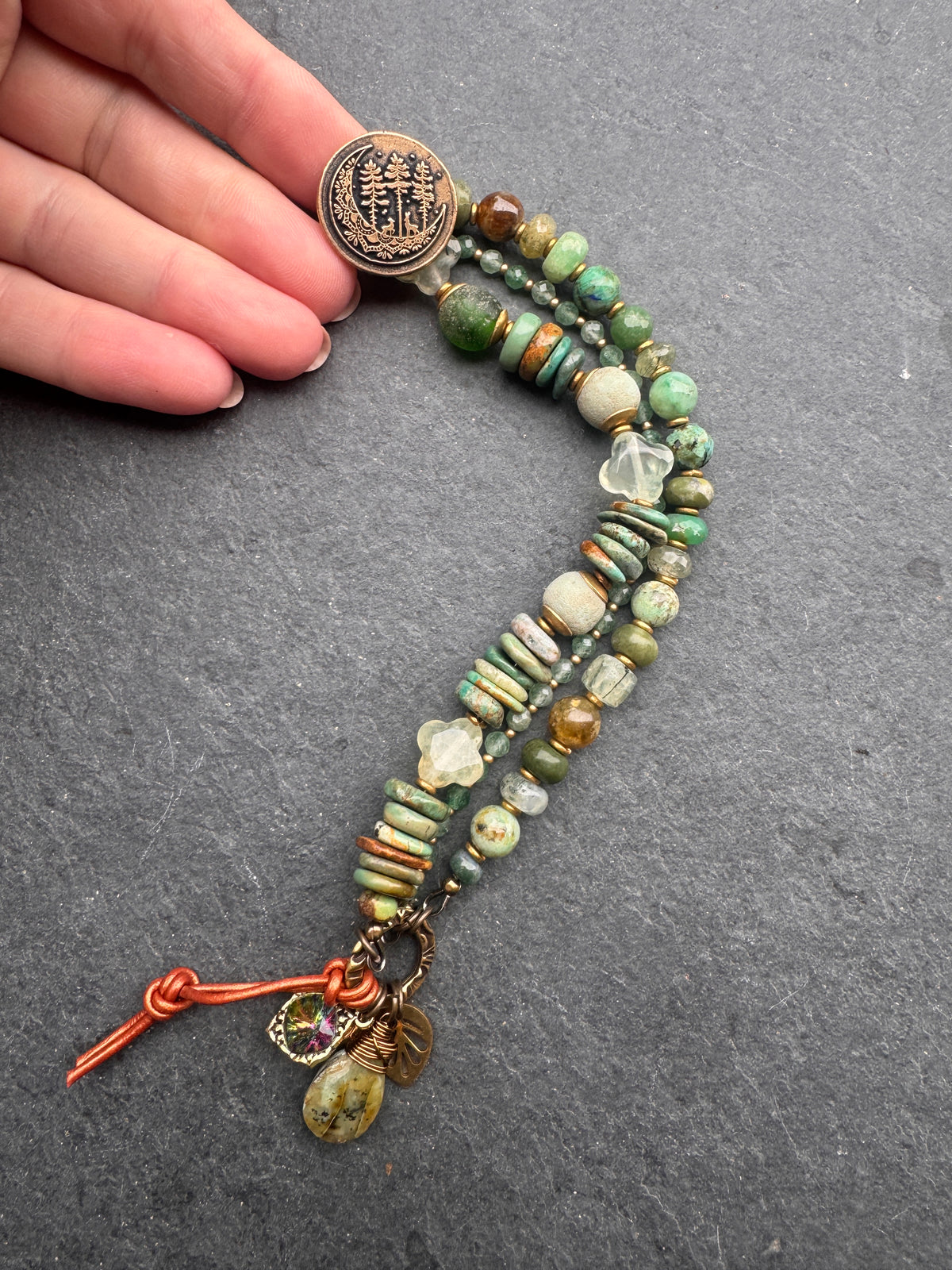 Trees. Prehnite, hubei turquoise, green garnet, green kyanite, handmade tree bronze metal button, bracelet.