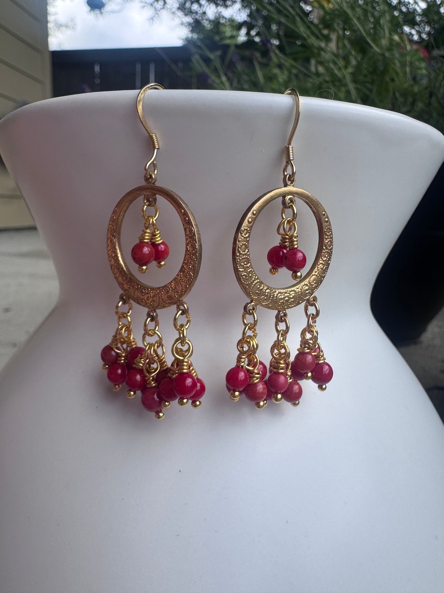 Red coral, dangle, chandelier, brass metal, earrings