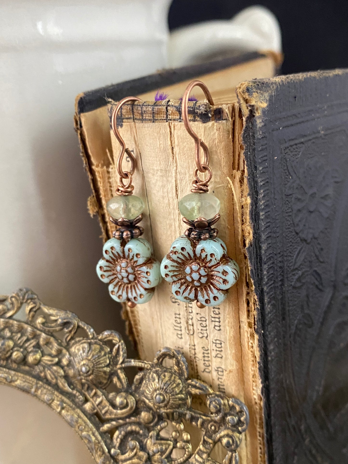 Flower Czech glass in light green and blue, copper metal earrings, jewelry