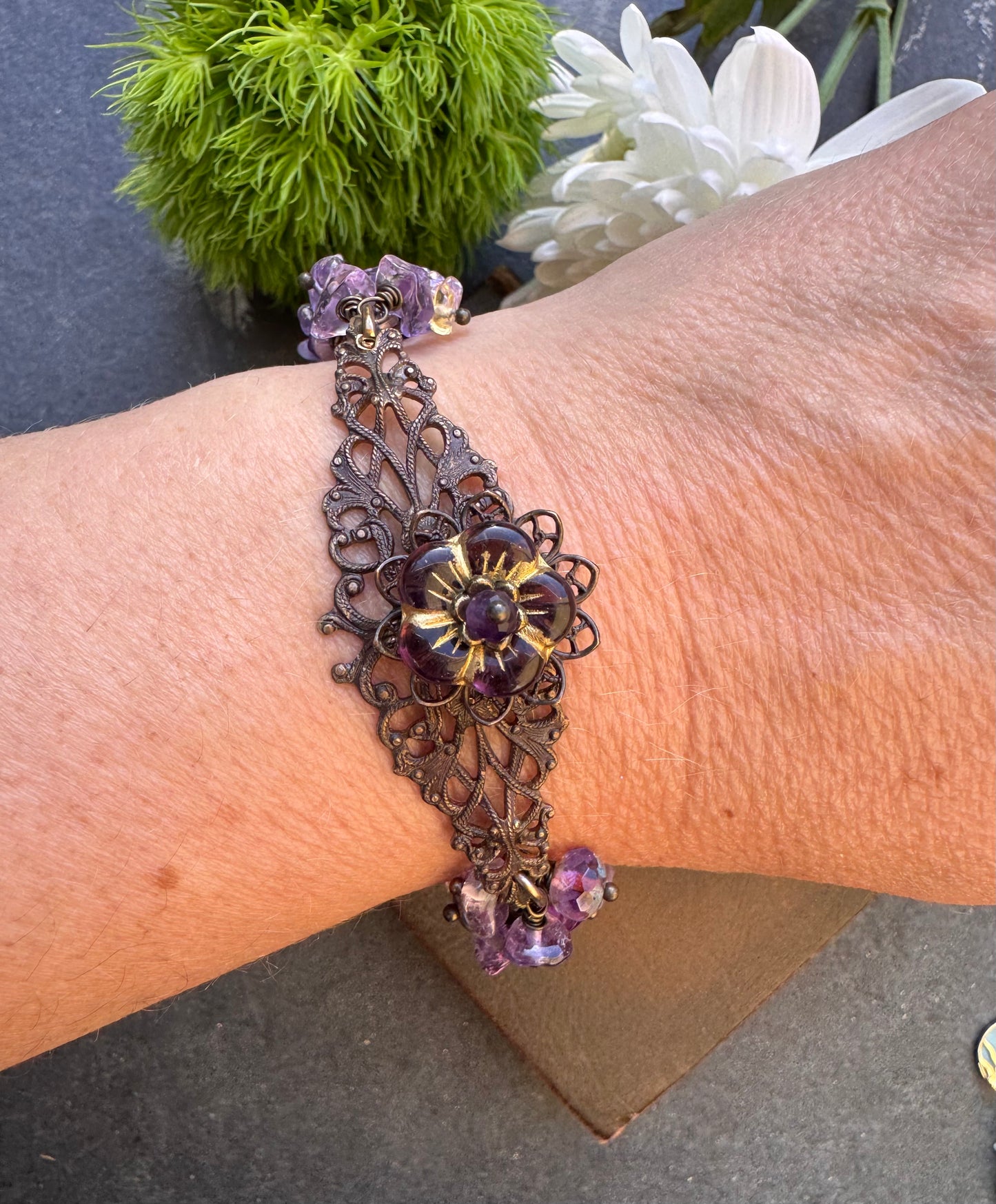 Amethyst, Ametrine stone, pearl, Czech glass, crystal, chocolate bronze metal, cuff style, bracelet