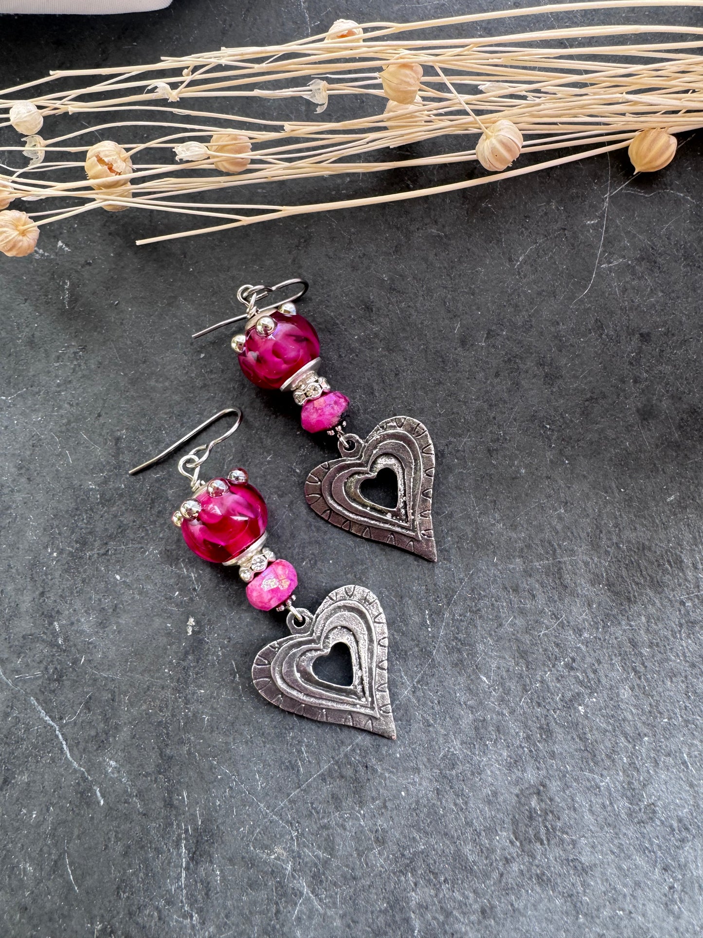 Handmade lampwork glass, pink moonstone, pewter silver heart charm, earrings