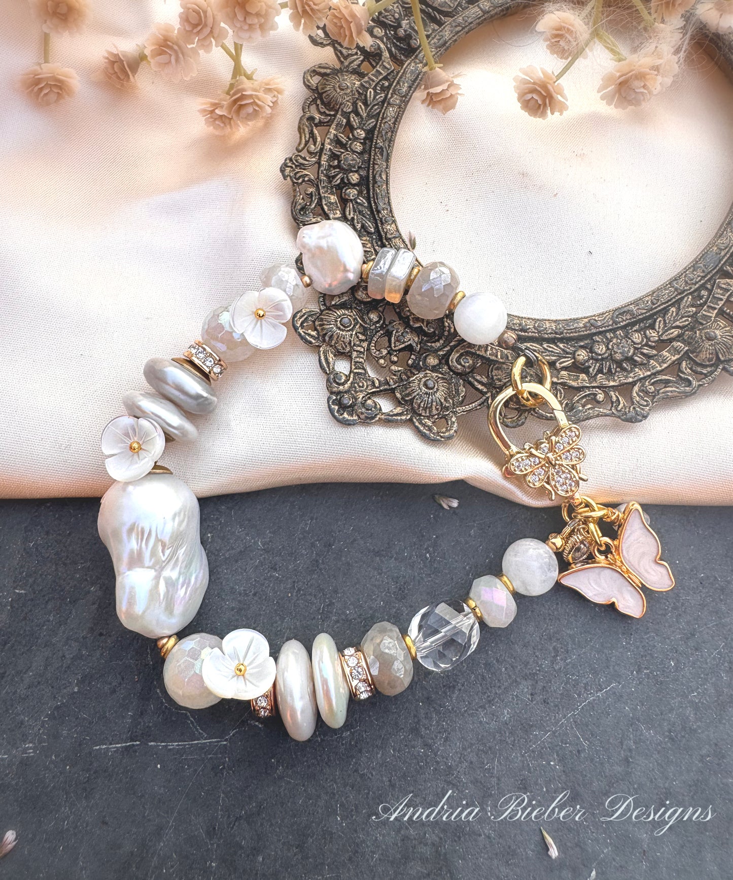 Baroque pearls, moonstone, clear quartz, selenite, shell flowers, rhinestone, gold metal, bracelet