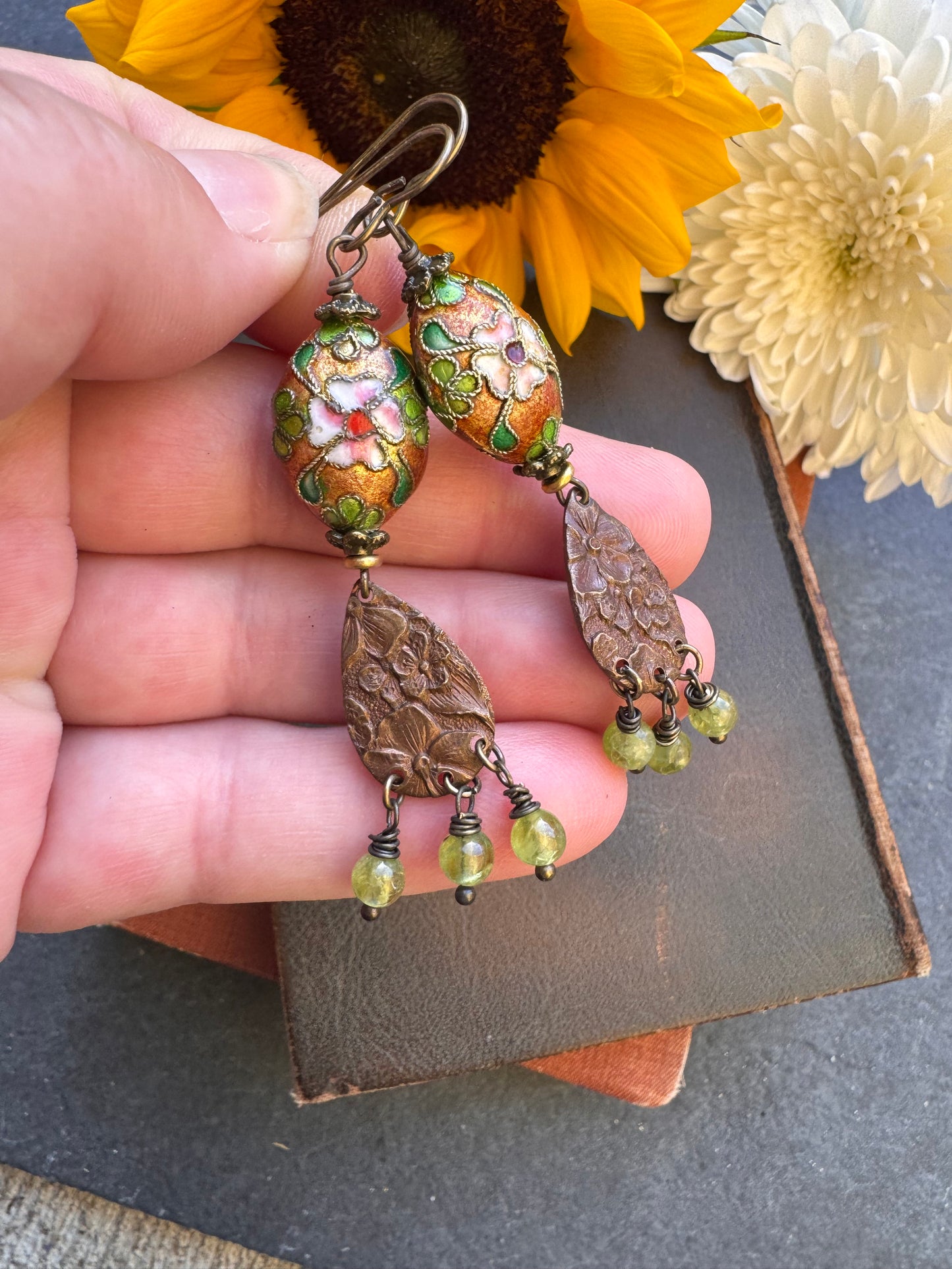 Green flowers. cloisonné, peridot stone, Vintaj brass metal, earrings