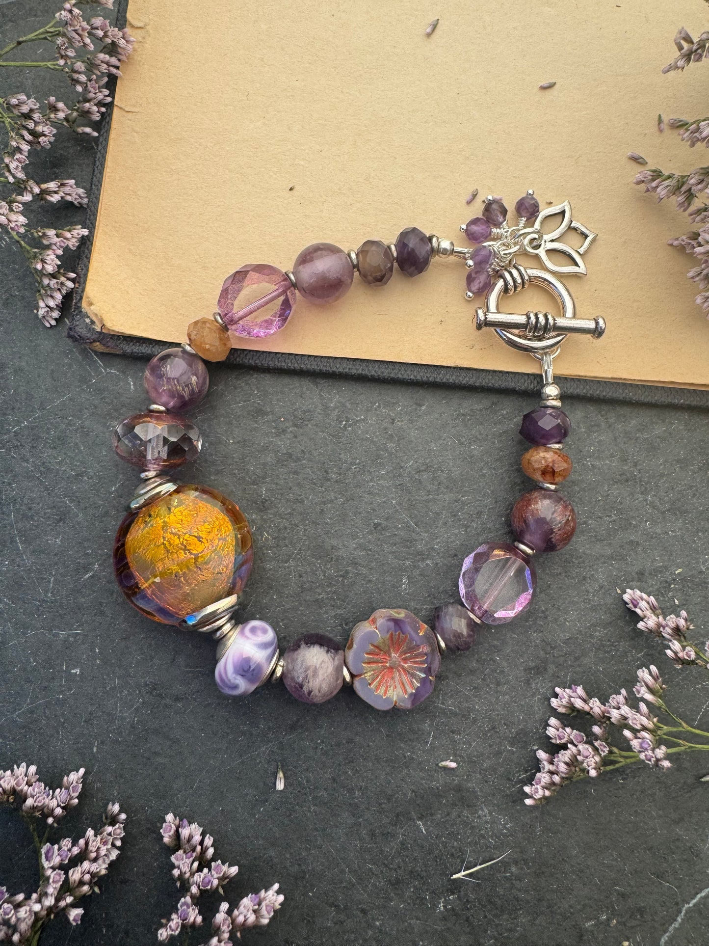 Lepidocrocite, amethyst, handmade lampwork glass, Czech glass, silver clasp, bracelet