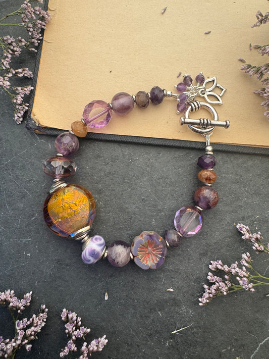 Lepidocrocite, amethyst, handmade lampwork glass, Czech glass, silver clasp, bracelet
