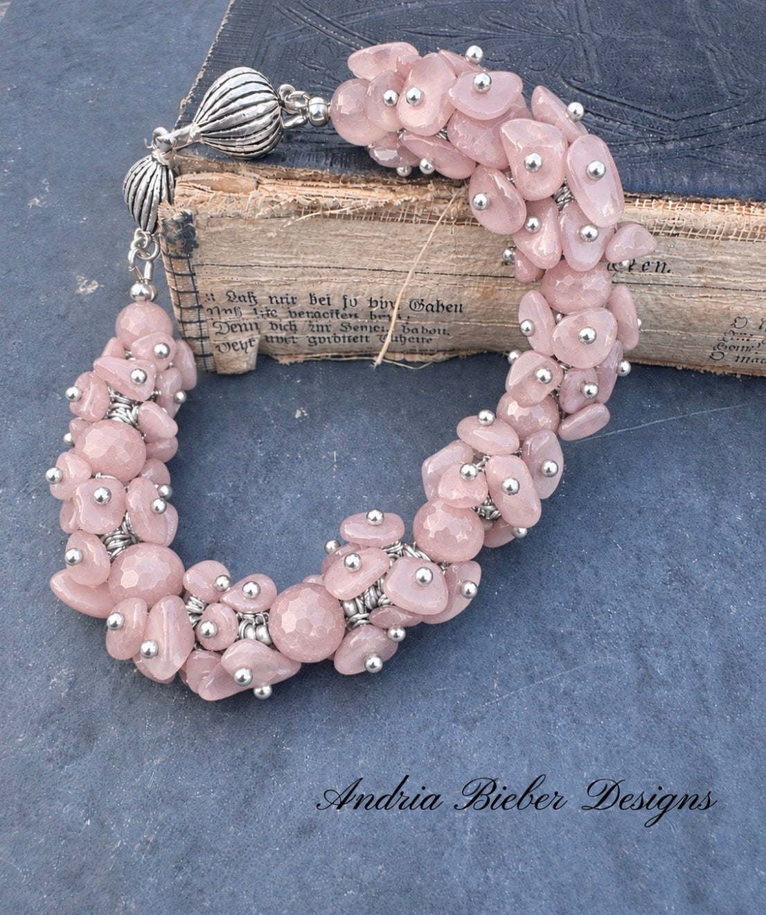Madagascar Rose Quartz chip stone, wire wrapped, silver metal, bracelet