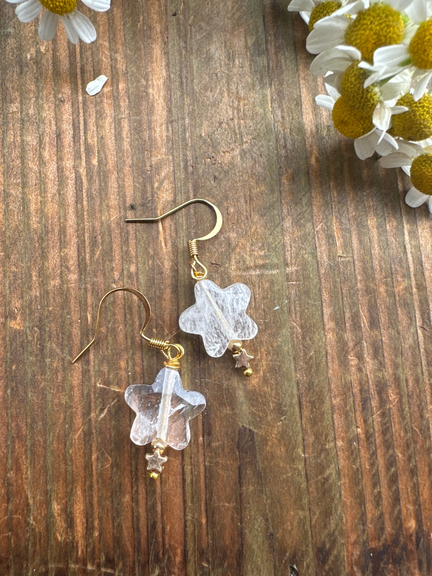 Clear quartz star shape stone, gold metal, star charm, earrings