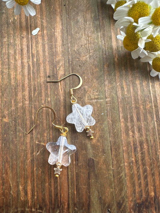 Clear quartz star shape stone, gold metal, star charm, earrings