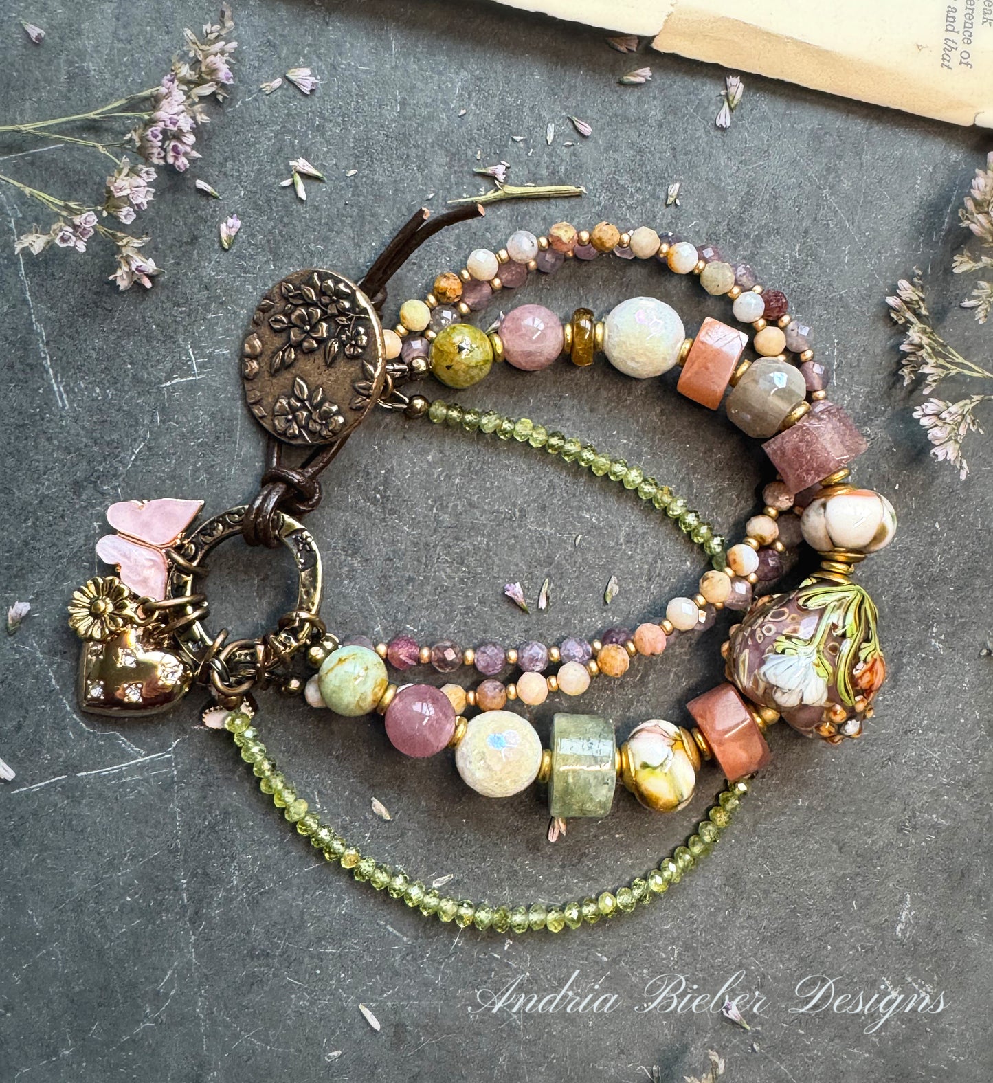 Spring garden. Mixed gemstone, lampwork glass, flower button clasp.