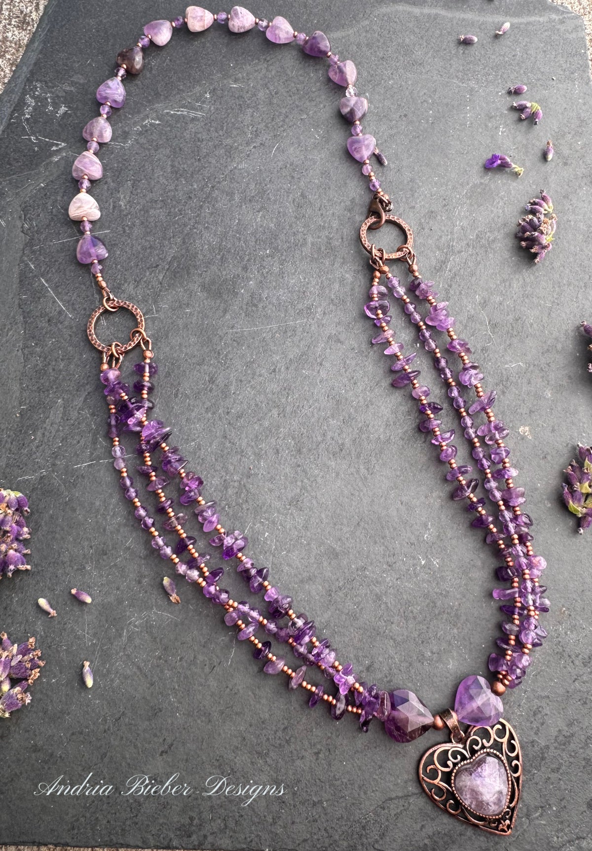 Hearts. Amethyst gemstone, copper metal, necklace