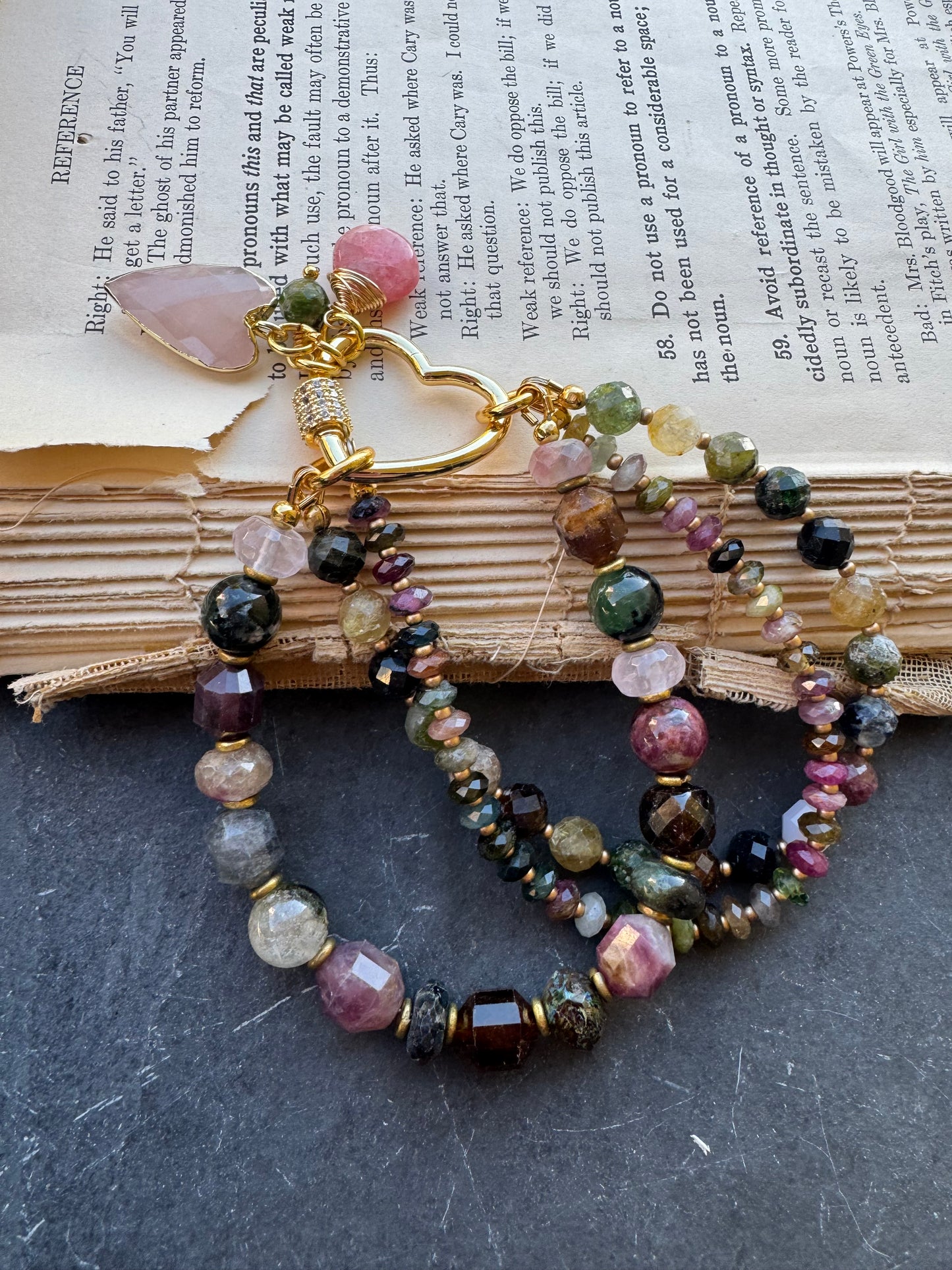 Watermelon tourmaline stone, rose quartz, strawberry quartz, gold metal, bracelet. Heart twist clasp. MTO