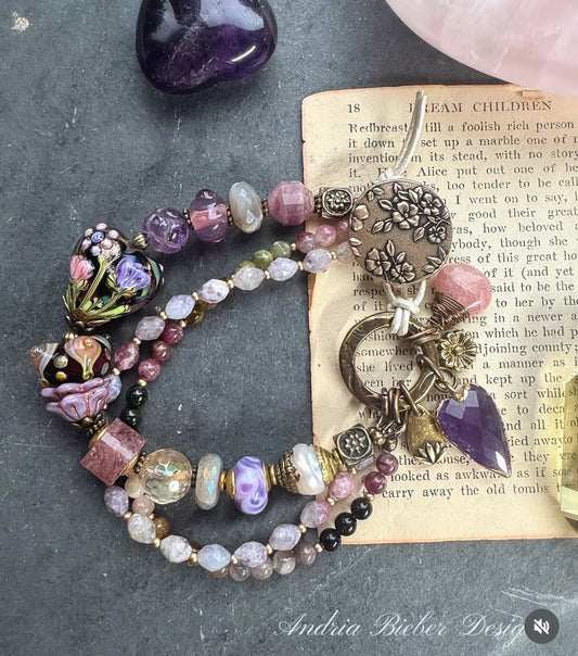 Rose quartz, pink tourmaline, pearls, moonstone, amethyst, handmade lampwork glass, bracelet. Button clasp.