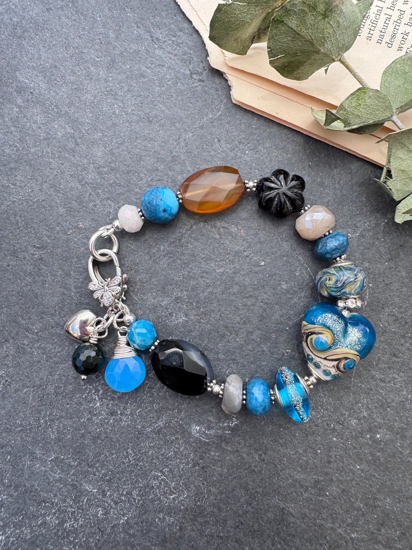 Apatite, handmade lampwork glass, agate, silver metal, bracelet